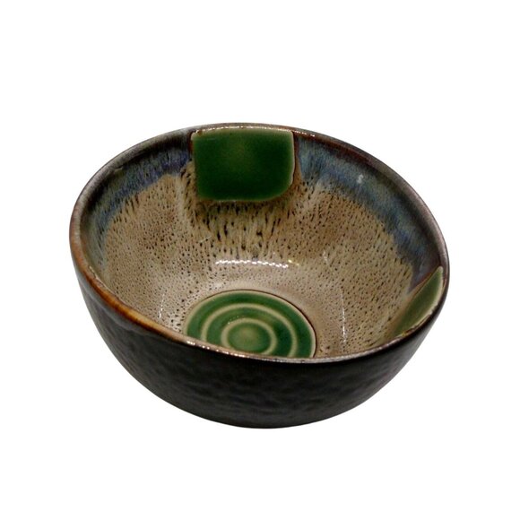 Ceramic Rice Bowl with Textured Black Exterior & Green/Beige Interior Vintage - Picture 4 of 5